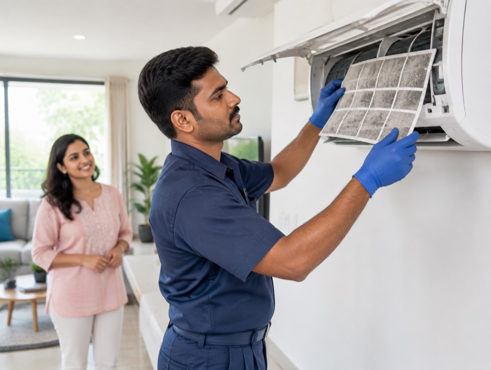 A technician cleaning the filter of a split AC in a Jaipur home